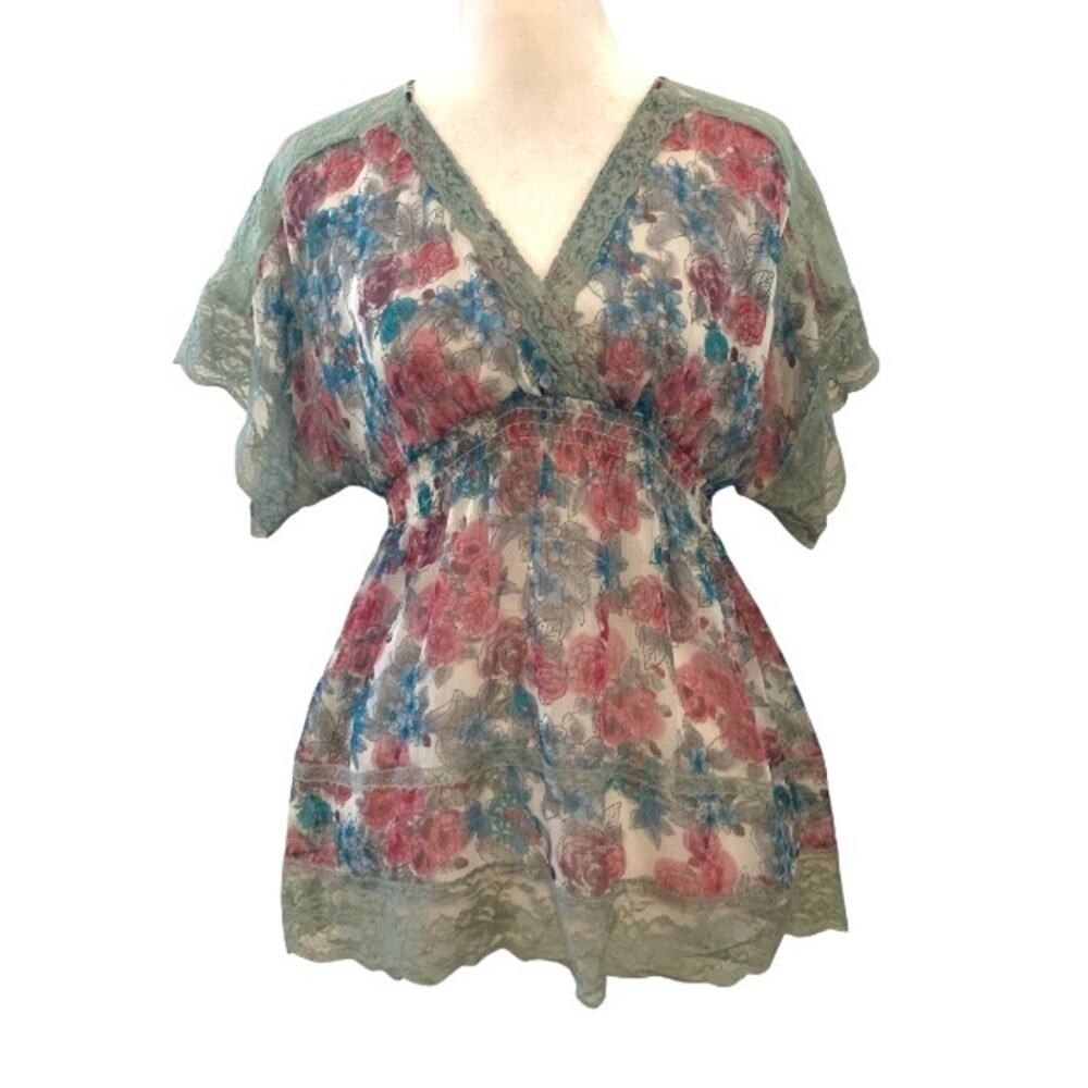 Y2K Vanity Pink Blue Sheer Lace Coquette Top Medium